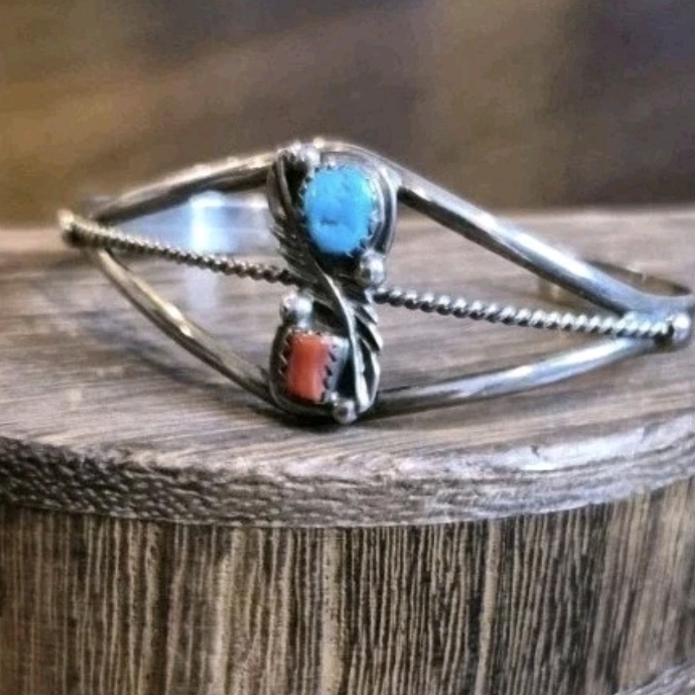 Vintage Signed VJ Sterling Silver Turquoise & Coral Southwestern Cuff Bracelet